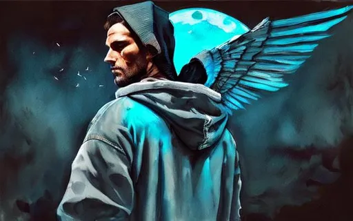 Prompt: Hooded Man in Blue Jeans and Grey Hood, Big Blue Phoenix Wings Sprouting from his Back, night sky, big moon, facing backwards, hyperrealistic