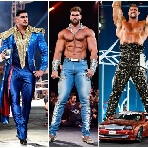 Prompt: 30 foot tall bodybuilder vs 7-foot-tall runway model, cars, planes, giants, Mambo, sequin, ripped clothes, super muscular, circus, strongman, car