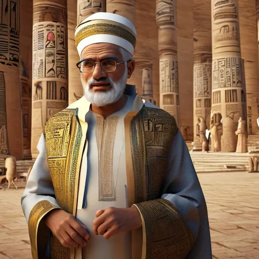 Prompt:  Ancient Old man with Egyptian clothing wear, a chemist jabir bin hayyan a Muslim chemist scientist realistic portrait 