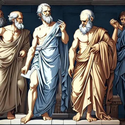 Prompt: plato, socrates, aristoteles, anime style, perfect, detailed, thinking, greece, philosophy