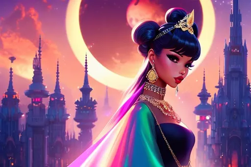 Prompt: head-on, surreal cartoon, high fashionista pose, glossy, walking toward viewer, stunning dark skinned lolita, she is dressed like a summer queen, dramatic jewelry, statement necklace, background is architecture lit by the moon,  trending on artstation