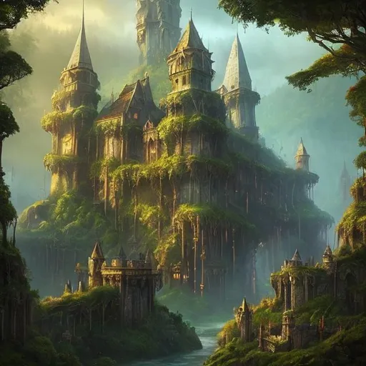 Prompt: medieval fantasy city with castles, deep in a lush rainforest, style of Jorge Jacinto