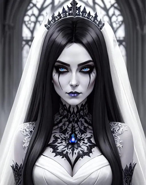 Prompt: undead, cathedral hall, long black silk hair with grey highlights, green glowy eyes, torn white wedding dress, mystic, ethereal, royal vibe, highly detailed, digital painting, Trending on artstation, Big Eyes, artgerm, highest quality stylized character concept masterpiece, award winning digital 3d oil painting art, hyper-realistic, intricate, 64k, UHD, HDR, image of a gorgeous, beautiful, dirty, highly detailed face, hyper-realistic facial features, perfect anatomy in perfect composition of professional, long shot, sharp focus photography, cinematic 3d volumetric