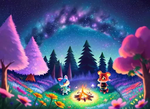 Prompt:  Aesthetic, beautiful, painting, cute, soft, art, RPG, highres, illustration, night sky with many stars, wonderland,wildflowers, cute, campfire,Nintendo, animal crossing, disney pixar,