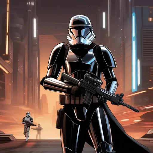 Prompt: Whole body, full figure. A first order stormtrooper in black armor. He wears mandalorian helmet. T-shaped visor. He wields a rifle. In background a scifi city. Star wars art. Rpg art. 2d art. 2d. 