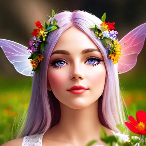 Prompt: a fairy goddess ,wildflowers,facial closeup