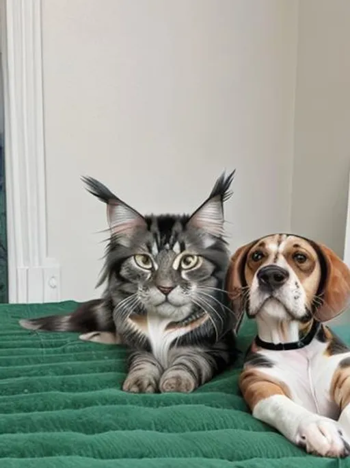 Prompt: maine-coon cat and a beagle dog laying together 