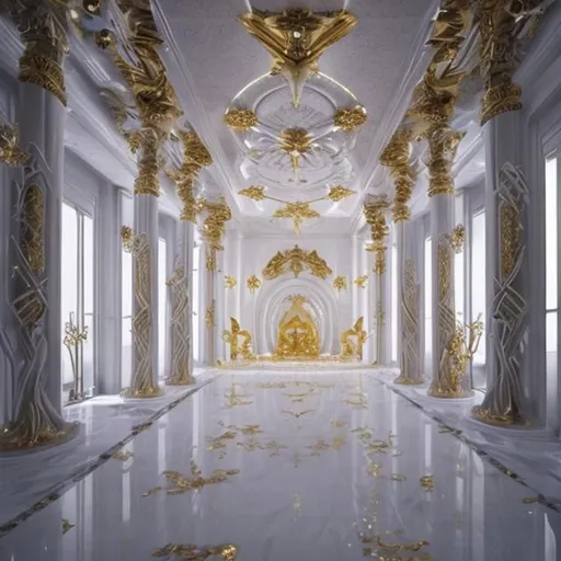 Prompt: Bright fantasy white throne room with an open ceiling. Filled with gods and goddesses. Gold accents.
Long hallway.
