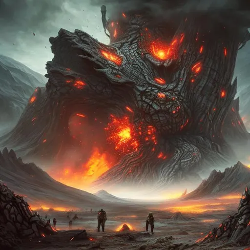 Prompt: mountains, biological mechanical, landscape, dystopian, apocalyptic, volcano, fantasy art style, painting, explosion, giant