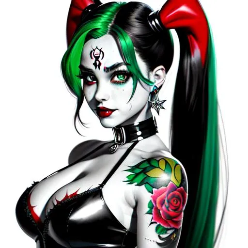 Prompt: (((masterpiece))) (((full body))) hyper quality, refined rendering, extremely detailed CG unity 8k wallpaper, highly detailed, (super fine illustration), highres, (ultra-detailed), detailed face, perfect face, DC COMIC HARLEY QUINN ((black hair)) (green hyper detailed eyes) (anarchy tattoo) (((extremely delicate and beautiful))), stunning art, best aesthetic, twitter artist, amazing, high resolution, fine fabric emphasis, UHD, 