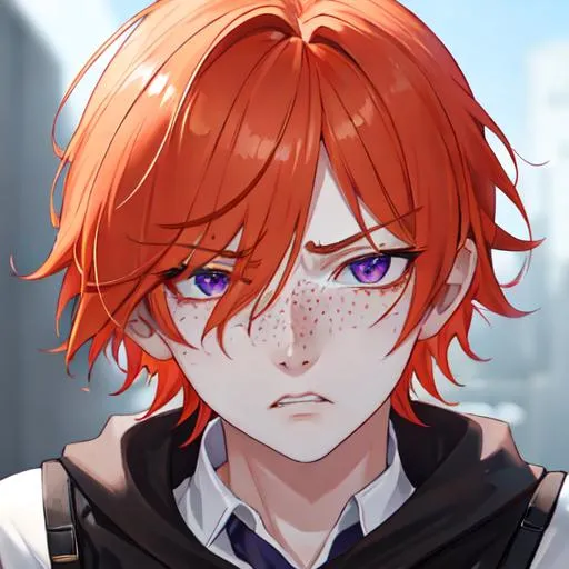 Prompt: Erikku male adult (short ginger hair, freckles, right eye blue left eye purple) UHD, 8K, Highly detailed, insane detail, best quality, high quality, in pain, angry