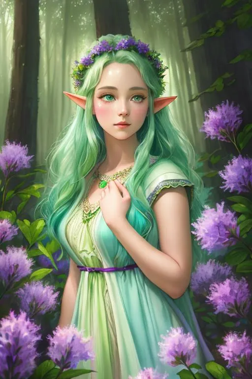Prompt: girl, portrait, watercolor masterpiece,

realistic illustration of Female fantasy elf druid, in a vintage lavender and light mint green dress, green flowers in her purple hair, in a forest by the moonlight, symmetrical,

hyper realistic masterpiece, highly contrast water color pastel mix, sharp focus, digital painting, pastel mix art, digital art, clean art, professional, contrast color, contrast, colorful, rich deep color, studio lighting, dynamic light, deliberate, concept art, highly contrast light, strong back light, hyper detailed, super detailed, render, CGI winning award, hyper realistic, ultra realistic, UHD, HDR, 64K, RPG, inspired by wlop, UHD render, HDR render