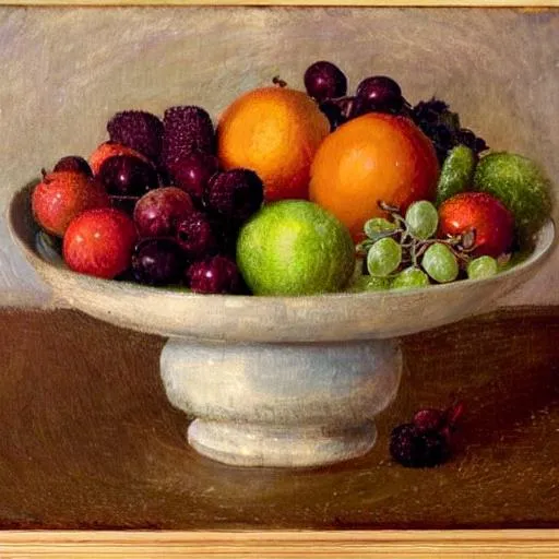 Prompt: a fruit bowl but it is a crazy combination of different autors
