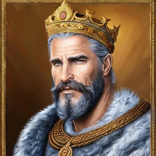 Prompt:  An intricately detailed Oil Painting of A very gruff yet regal, rugged yet very very handsome 45 year old King  with mostly blonde hair and a little bit of grey starting to show around his temples. AVERY GORGEOUSy MALE with strong, athletic physique, extremely attractive king with a disarming smile wearing an impressive gold and diamond crown. Dressed in white and gold highly ornate formal royal dress clothing. Epic perspective. Digital art. Masterpiece quality. Fantasy art. Hyper detailed. 