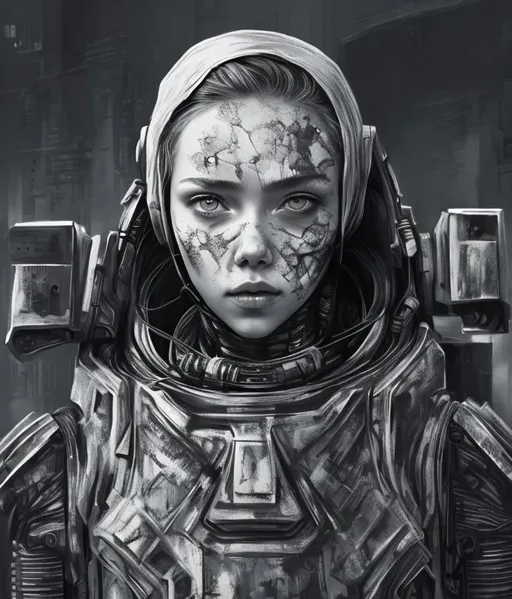 Prompt: monochrome, scarlett johannson, detailed face, hijab, skinny, thin, starving, anorexic, maul face paint, astronaut power armor, scifi, futuristic