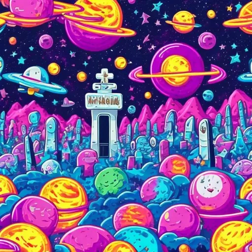 Cemetery in outer space in the style of Lisa frank | OpenArt