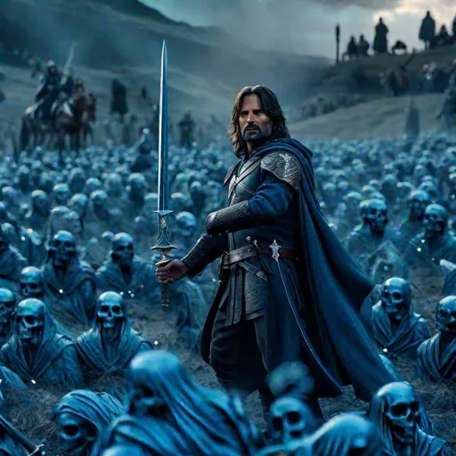 Prompt: realistic photo of magnificent Aragorn, holding his glorious sword, surrounded by blue ghosts of dead men, battlefield in the background, 4k, highly detailed, intricate details, 