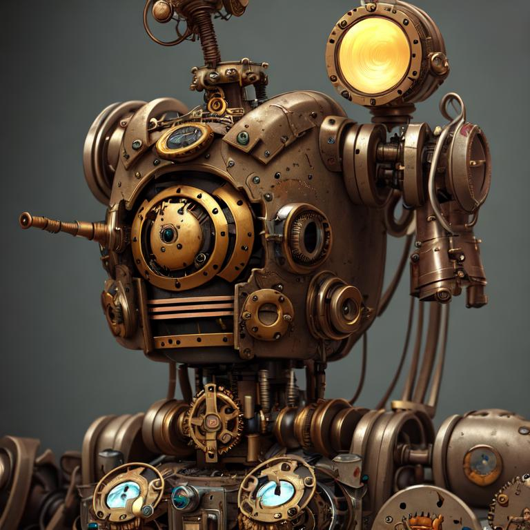 a worn but happy steampunk concept art robot in engi... | OpenArt