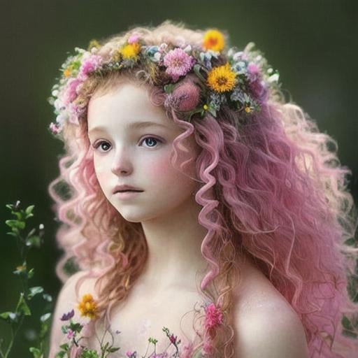 a youngfairy goddess of spring, very curly hair, pin... | OpenArt