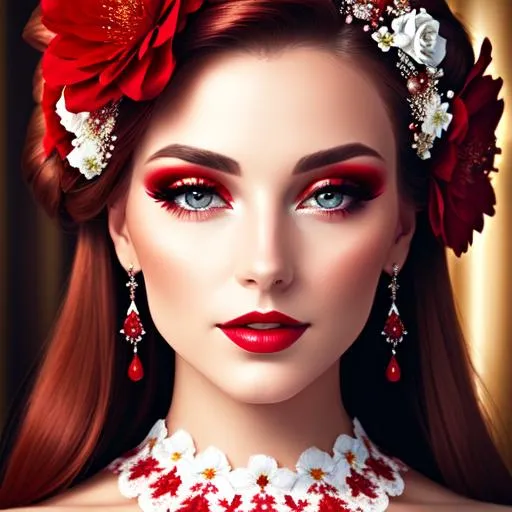 Prompt: Beautiful ethereal woman. color scheme of tuquoise and red. facial,beautiful makeup,  flowers in hair, closeup