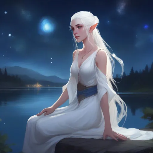 dnd a female elf with long white hair in a loose bun...