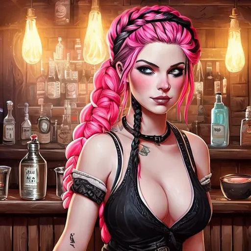 Prompt: a bar maid with pink hair pulled back in a braid, dirty, in a tavern, adventure, party, centered, full body, detailed, looking at camera, fantasy art, painted, beautiful, goth 