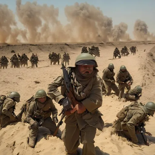 Prompt: guerilla warfare, trench warfare, desert, surprise attack, convoy, scifi, army, large, sand storm
