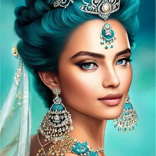 Prompt: Portrait of a beautiful and elegant jeweled face and crown Water Goddess with teal hair and with cute face,  transparent background, perfect composition, hyperrealistic, super detailed, 8k, high quality, trending art, trending on artstation, sharp focus, studio photo, intricate details, highly detailed, by greg rutkowski and BD Zhandt