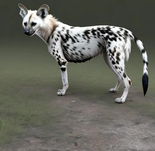 Prompt: A rendered full-body of a leucistic and emaciated African wild dog  