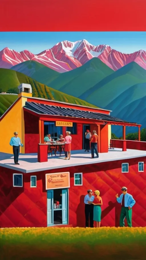 Prompt: (David Hockney style), group of people, standing outside, dark red restaurant building, radio on the rooftop, sky background, (Italian Gran Sasso mountains), vibrant colors, (playful patterns), dynamic composition, (highly detailed), cheerful atmosphere, merging of whimsicality and realism, illuminated by warm sunlight, exuding a feeling of camaraderie and joy, stunning landscape, captivating visual storytelling.