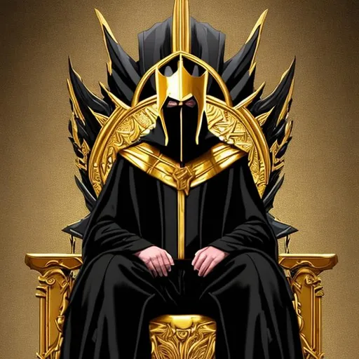 Prompt: evil, black-robed, cunning, dastardly, handsome, king, long black hair, sitting on golden throne