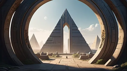 Prompt: small circular portal, small gateway between cities realms worlds kingdoms, small ring standing on edge, freestanding ring, hieroglyphs on ring, complete ring, obelisks, pyramids, futuristic towers, large wide-open city plaza, wide vista view, futuristic cyberpunk dystopian setting