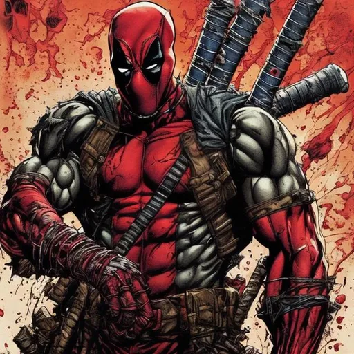 Prompt: Todd McFarlane Spawn as Deadpool variant. muscular. dark gritty. Bloody. Hurt. Damaged. Accurate. realistic. evil eyes. Slow exposure. Detailed. Dirty. Dark and gritty. Post-apocalyptic. Shadows. Sinister. Intense. 