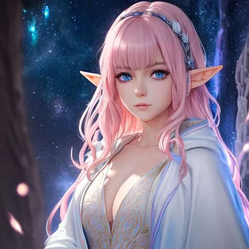 Prompt: "Full body, oil painting, fantasy, anime portrait of young elf woman with short light pink hair and dark blue eyes | wearing a White robe with intricate blue trim on it, #3238, UHD, hd , 8k eyes, detailed face, big anime dreamy eyes, 8k eyes, intricate details, insanely detailed, masterpiece, cinematic lighting, 8k, complementary colors, golden ratio, octane render, volumetric lighting, unreal 5, artwork, concept art, cover, top model, light on hair colorful glamourous hyperdetailed medieval city background, intricate hyperdetailed breathtaking colorful glamorous scenic view landscape, ultra-fine details, hyper-focused, deep colors, dramatic lighting, ambient lighting god rays, flowers, garden | by sakimi chan, artgerm, wlop, pixiv, tumblr, instagram, deviantart