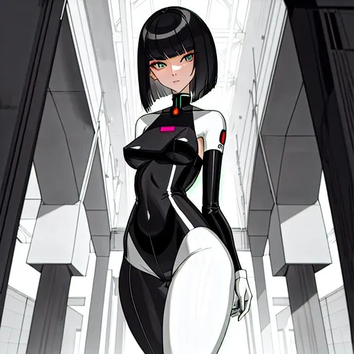Prompt: a lonely AI girl, very tall, thick thighs, wide hips, long legs, slender waist, big beautiful symmetrical eyes, intriguingly beautiful face, aloof expression, bob haircut with bangs, Brutalism art style, 12K resolution, hyper quality, hyper-detailed, depth of field