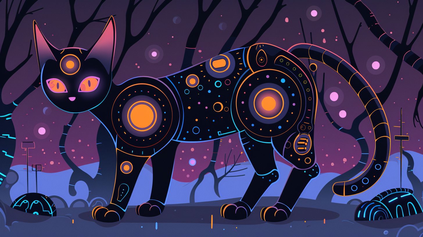 Prompt: Vibrant anime cat-themed robot, in an asymmetrical grid, diverse blocky and fluid shapes, animated GIFs, dark silver with orange and neon green accents, heavy catcore influence with a tail and feline movements, dynamic cartoon mise-en-scène, 2D.