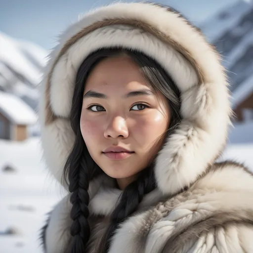 Prompt: Highly detailed photorealistic image in a snowy landscape in Alaska.
An image of a (slim, beautiful, cute Inuit young woman), in winter Inuit furs, 