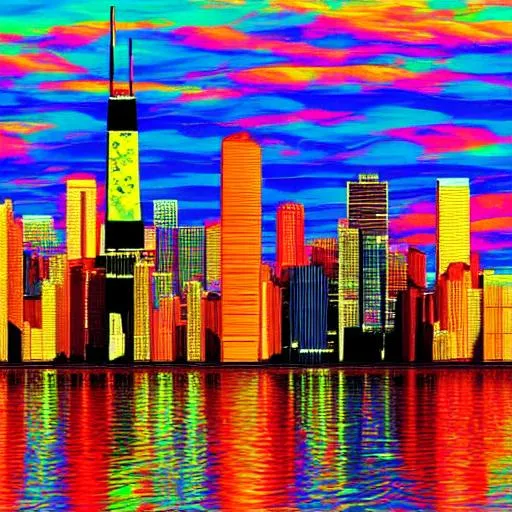 Prompt: chicago skyline in bold, expressive colors digital art in impressionism style 3d