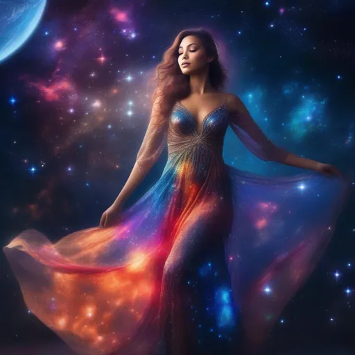 Prompt: exquisite, colorful, sparkly, glowing Goddess in a revealing, gossamer, see through flowing dress, incredible all body form of a incredible bodied, incredibly beautiful faced woman with a buxom perfect body falling backwards through space, nebulas, stars, planets, the milky way and galaxies