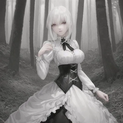 Prompt: white haired girl with beautiful eyes
white dress with black corset 
in a misty forest