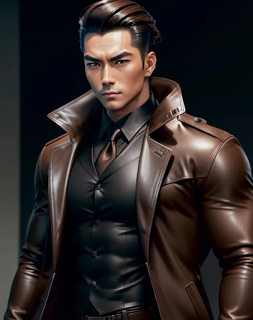 Prompt: perfect composition, {30 year old}, lean muscular  half japanese half british man, wearing futuristic {black shirt, brown leather trench coat with coat of arms}, {brunette hair slicked back}, clean shaven, extra masculine, peak fitness, determined expression, looking at viewer, 8k eyes, detailed face, wlop, stanley artgerm lau, artstation, hd, octane render, hyperrealism intricate details, 8k, cinematic volumetric light, proportional, art trending on artstation, sharp focus, studio photo, intricate details, highly detailed, intricate artwork masterpiece, ominous, intricate, epic, trending on artstation, highly detailed, vibrant, production cinematic character render, ultra high quality model, 