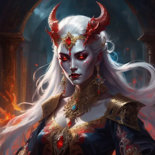 Prompt: Female demon, striking red skin, flowing white hair, adorned in lavish, intricate royal attire, exuding an air of power and elegance, adorned with ornate jewelry and accessories, set against a dramatic, shadowy background, evoking a sense of mystique and allure, high detail, vibrant colors, fantasy realm ambiance.