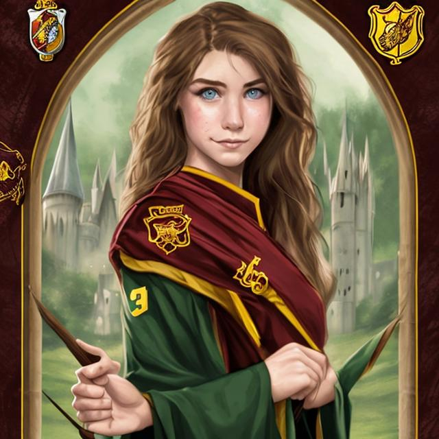 brown-haired, green-eyed woman as a Gryffindor stude... | OpenArt