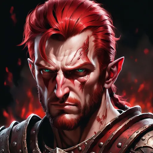 Prompt: Detailed illustration of Orin the Red from Baldur's Gate 3, oil painting, intense facial scar, rugged appearance, high quality, realistic, dark and moody, warm tones, dramatic lighting