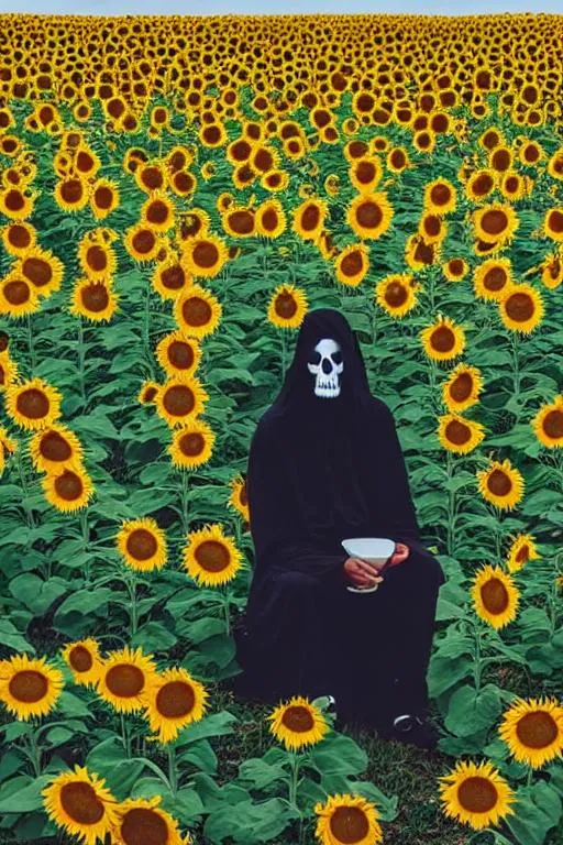 Prompt: grim reaper sitting in a field on sunflowers looking at a sunset