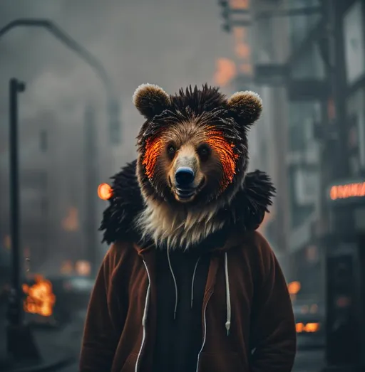 Prompt: brown, fluffy, wavy hair & brown eyes wearing a cute and cuddly bear orange green black grey orange, style cozy hoodie with bear ears on top, (((ON FIRE))), fire engulfs the background, Demon, horns, mask, smiling, (((zoomed out))), cyberpunk apocalypse, fire , sci fi, ruins, blood, midnight, 8k, highest quality, orange green black grey orange, sharp focus, studio photo, intricate details, highly detailed, UHD, HDR, 8K, ((Masterpiece))