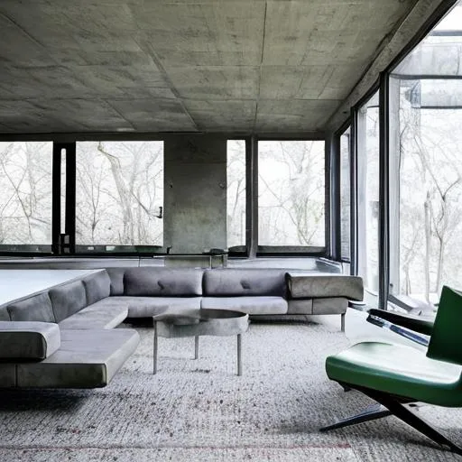 Prompt:  a brutalist architecture sitting room with lots of natural light.
