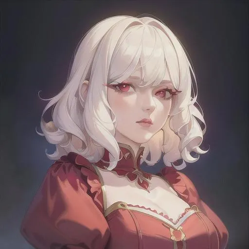 Prompt: (masterpiece, illustration, best quality:1.2), short curly white hair, princess like vibe, red eyes, wearing red silky nightgown, best quality face, best quality, best quality skin, best quality eyes, best quality lips, ultra-detailed eyes, ultra-detailed hair, ultra-detailed, illustration, colorful, soft glow, 1 girl