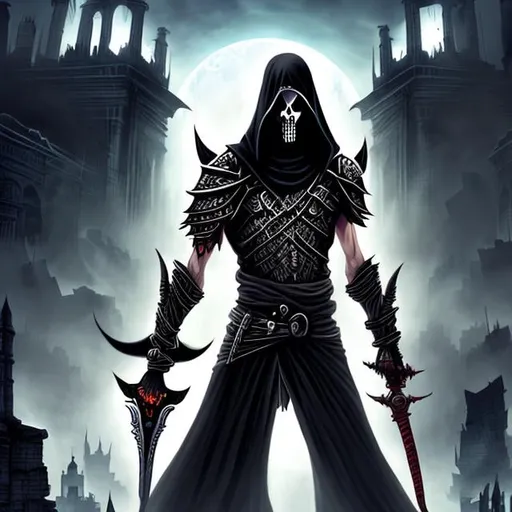 Prompt: PRINCE OF PERSIA STYLE GRIM REAPER, DESTROYED CITY BACKGROUND