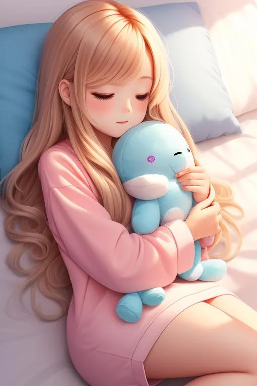 Prompt: ombre hair, sleeping, plushie, long hair, solo, 12 year old girl, fullbody, ((full body)) {{good looking}} {{cute}} {{good body}} {{tight}}, symmetrically colored hair, {{shadows}},
